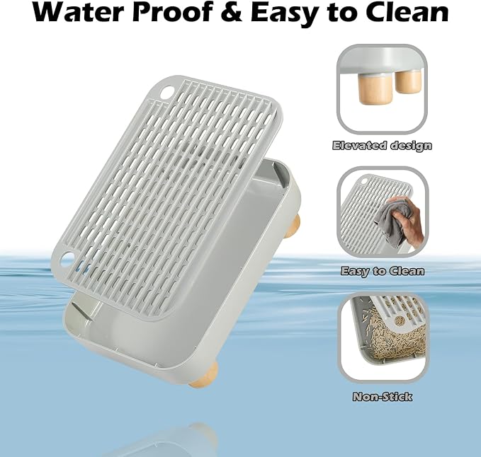 SpaceTime Elevated Litter Box Step/Ramp/Catcher Cat Litter Mat with Wooden Base,Anti-Tracking Cat Litter Trapping Pad for Kittens & Senior Cats,Easy to Clean,Washable & Waterproof Mat(Grey)