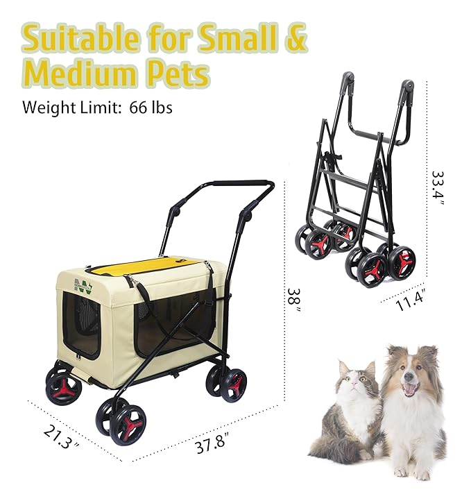 Pet Carrier with 4 Wheels, Detachble,Clean and Replace Pet Basket, Portable and Foldable Pet Travel Stroller for Small/Medium Dogs and Cats up to 66lbs, 4 in 1 Multifunctional (Beige+Yellow)