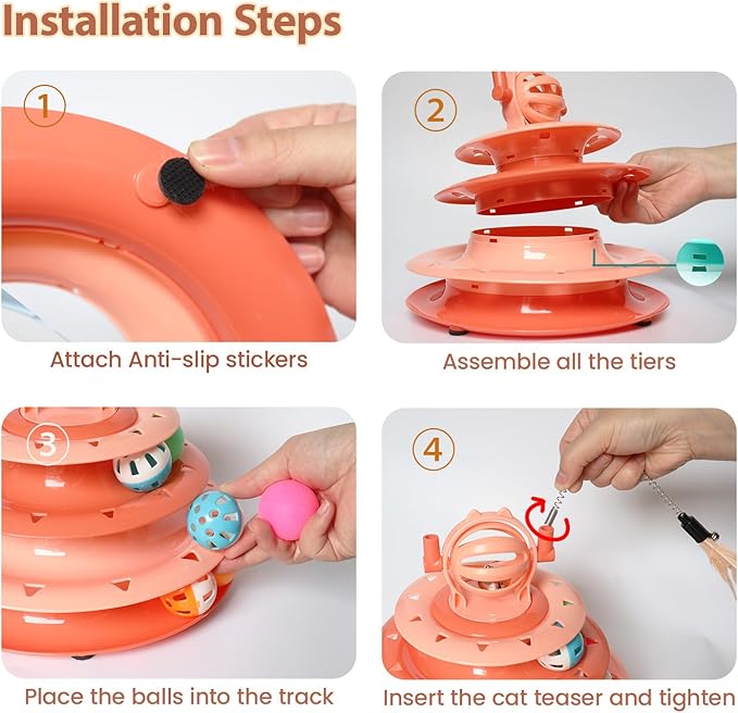 Kitten Toys, Interactive Cat Puzzle Toys for Indoor Cats, Cat Tower with 2 Kitty Teasers and Ball Track (Orange)