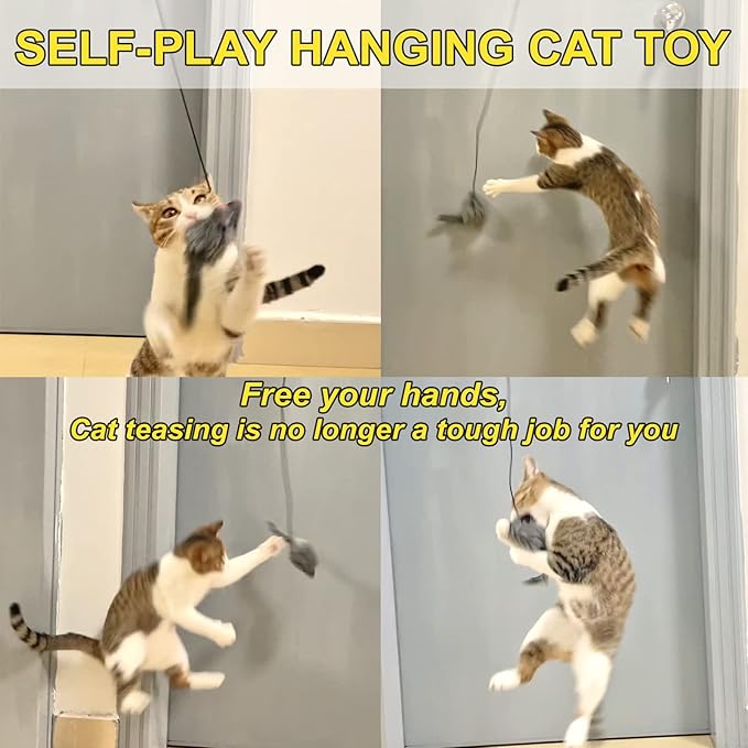 2PCS Cat Toys for Indoor Cats, Interactive Fly Chase Cat Door Toy Mouse Feather Toys for Mental Physical Stimulation, Kitten Toys Retractable Cats String Toys Teaser Play Exercise
