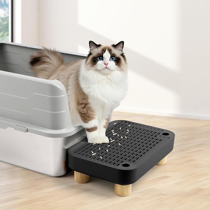Cat Litter Box Step Ramp, Cat Litter Catcher Mat with Wooden Feet, Filter Function, Pedal Stool for Self-Cleaning Litter Box, Ideal for Kitten & Elderly Cats (Black)