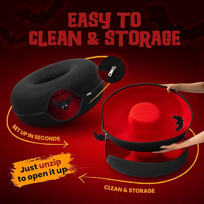 Cattasaurus Halloween Peekaboo Cat Cave, Extra Spacious for Multiple & Large Cats 15+ lbs, Scratch Detachable Cat Beds for Indoor Cats, Washable Tunnel Bed, Comfy Cat Donut Tunnel (Gothic Bat, Jumbo)