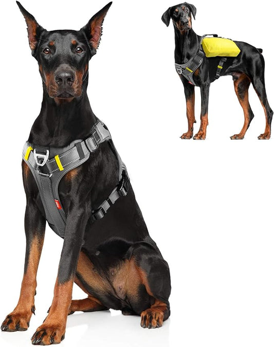 Fida Dog Harness, Multi-Functional No-Pull Pet Vest Harness with Saddle Bags Backpack, Front Leash Clip, Adjustable Soft Padded Reflective No-Choke Dog Vest Heavy Duty for X-Large Dog, XL,Black