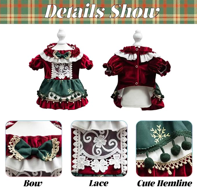 MengYu Princess Dresses for Small Dog Lolita Clothes for Cat Velvet Costume Pretty Lace Outfits Fall Costumes (Red&Green, L)