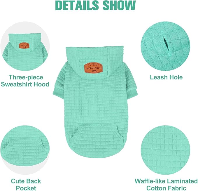 BEAUTYZOO Small Dog Hoodie Sweater with Pockets, Dog Clothes for Small Medium Dogs Boy Girl, Waffle-Like Laminated Cotton Pet Coats with Hat and Leash Hole, Mint Green SM