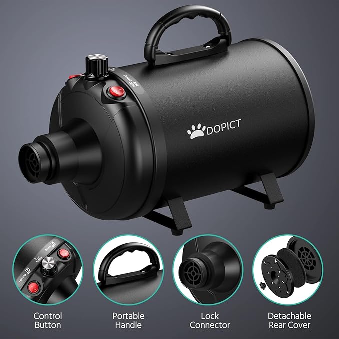 Pet Dryer, 5.2HP/3800W Pet Grooming with Adjustable Speed and Temperature Control Dog Blow Dryer, Pet Hair Dryer with 3 Nozzle