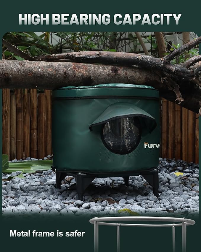 Heated Cat House for Outside,Metal Frame,Barrel Design,Extremely Weatherproof & Insulated in Winter,Elevated Outdoor Cat Shelter with Eaves & Escape Door for Feral Stray Barn Cat(Dark Grey,Large)