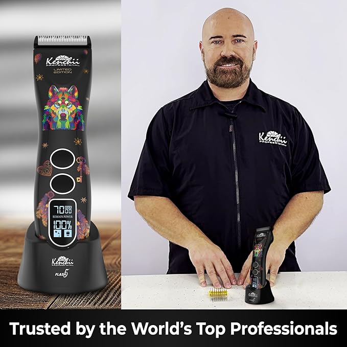 Kenchii Flash 5 Wolf Limited Edition - 5-in-1 Digital Cordless Clipper - Precision Pet Grooming: Trim, Shape, and Style Effortlessly USB-C Charging (Black)