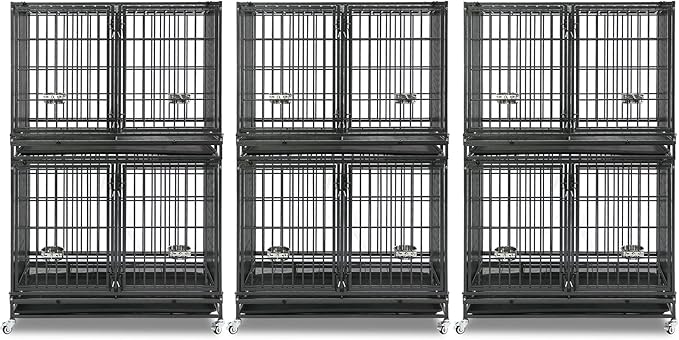 Homey Pet 43 Inch 2 Tiers Dog Crate Cage Kennel with Divider, Stackable Heavy Duty Dog Crate for Large Dogs, Escape Proof Indestructible Dog Kennel Indoor with Removable Tray, Lockable Wheels(3 Packs)