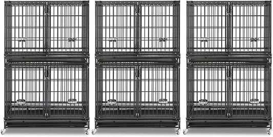 Homey Pet 43 Inch 2 Tiers Dog Crate Cage Kennel with Divider, Stackable Heavy Duty Dog Crate for Large Dogs, Escape Proof Indestructible Dog Kennel Indoor with Removable Tray, Lockable Wheels(3 Packs)