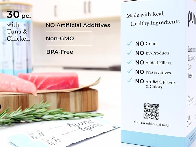 Purrly Lickable Cat Treat Healthy Human-Grade Tuna & Turkey with L-Lysine & Astaxanthin for Immunity (30 Count) Soft Healthy Low Calorie Hydrating Interactive Snack