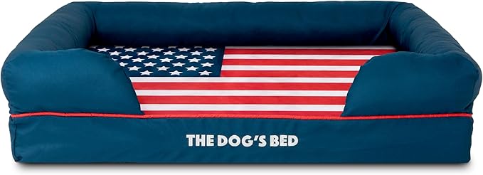 The Dog’s Bed, Large Blue Oxford with Red Trim, USA Flag Dog Bed with Central Flag Memory Foam, Pain Relief: Arthritis, Post Surgery, Waterproof Washable Cover
