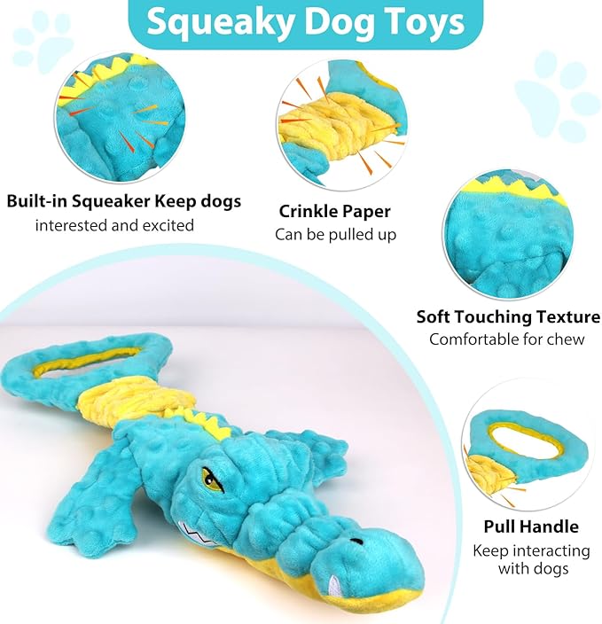 Dog Toys Cute Alligator Dog Toy Tough Plush Puppy Toy for Playtime, Training & Tug of War- Interactive Squeaky & Crinkle Chew Toy for Small to Large Dogs