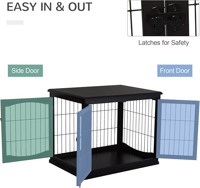 PawHut Dog Crate Furniture, Small Dog Cage End Table with Two Opening Sides, Lockable Door, Puppy Kennel Indoor, Cute and Decorative, Black