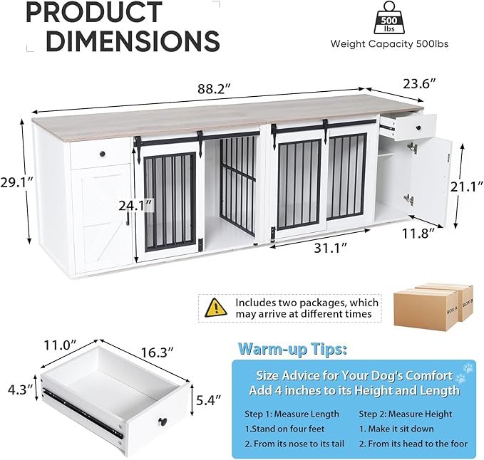 Verano Garden 88" Large Dog Crate, 2-in-1 Furniture-Style Dog Crate with Storage Drawer & Cabinet, Heavy Duty Dog Kennel Dog Cage Indoor for Small Medium Dogs, White (88.2")