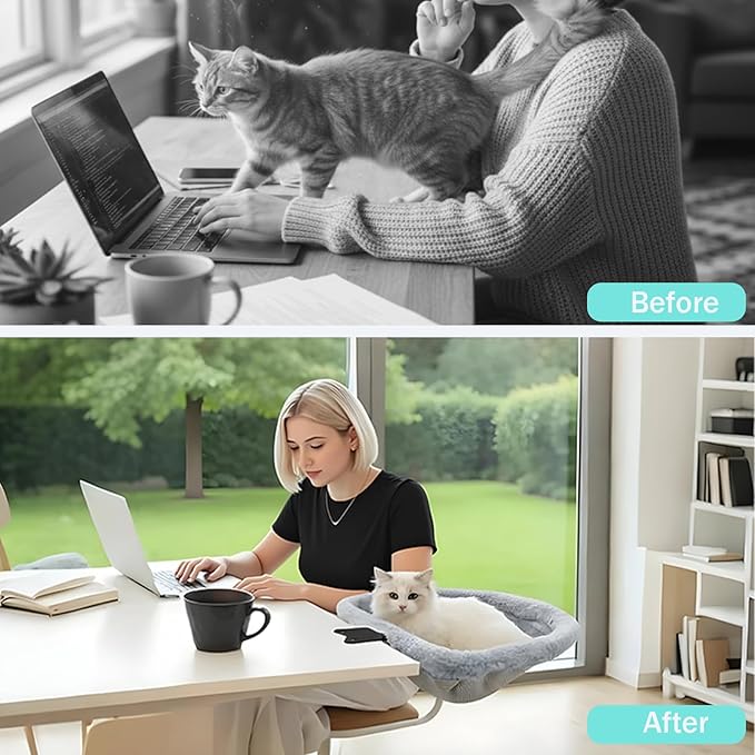 Foldable Cat Bed for Desks - One-Click Folding & Space-Saving Semi-Circle Design, Plush Faux Rabbit Fur with Sunken Cave, Holds 40lb/18kg Cats - Perfect for Office/Gaming Desks (Gray)