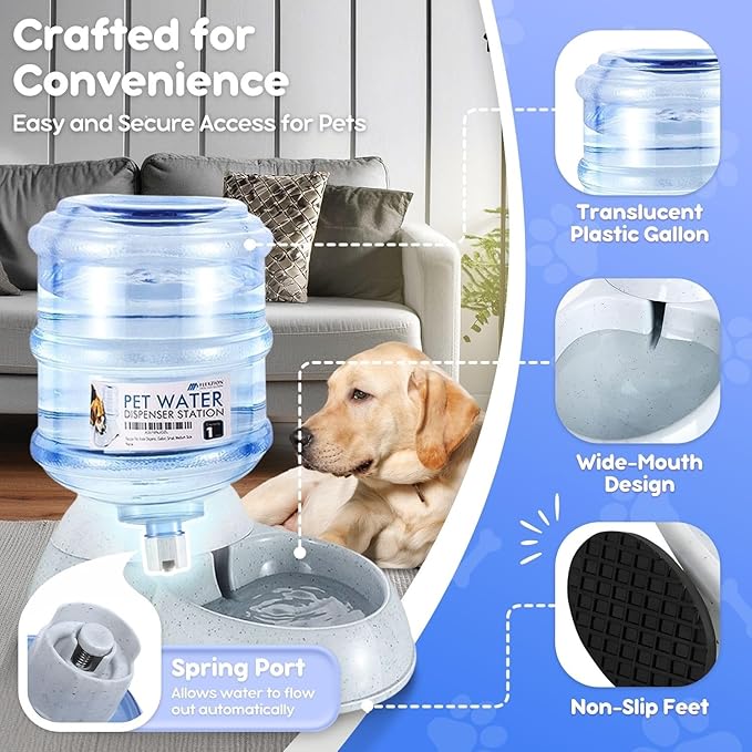 Flexzion Automatic Dog Water Bowl Dispenser for Cat Pet Animal (1 Gallon Dispener Water Jug) - Gravity Feeder Auto Replenish Waterer Drinking Bowl Fountain Bottle Dish Stand