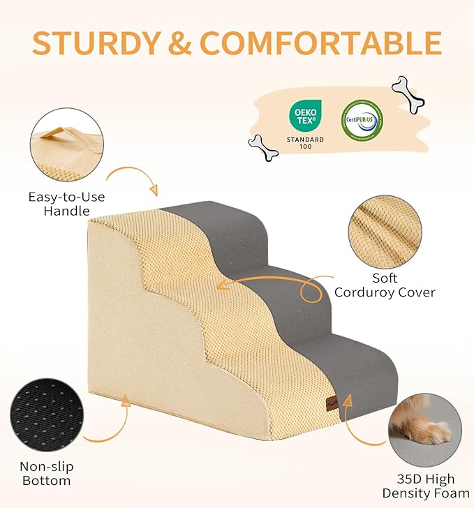 Made4Pets Dog Stairs Ramp for High Bed, 5-Step Pet Stairs for Bed Couch Sofa Climbing, 35D Foam Pet Steps for Small Dogs and Cats, Non-Slip Bottom Dog Steps, Tan