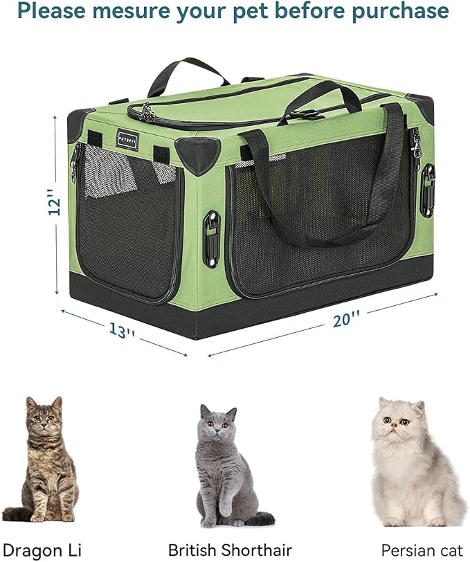 PETSFIT Soft Dog Crate, Dog Car Crate with Safety Belt Attachment Buckles and Thicken Mat, Adjustable Crate Cover, Portable & Collapsible Cat Crate Puppy Carrier Kennel, Green 20 inch