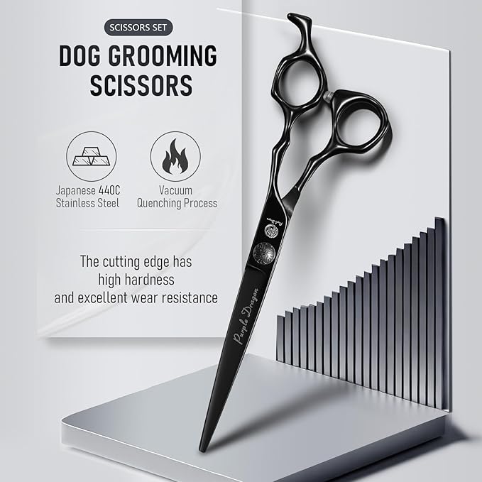 Purple Dragon Dog Grooming Scissors Set - Curved Chunkers, Straight, Up & Down Curved Scissors and Comb, 7 Inch Black Shears with Adjustable Screw for Dogs and Cats