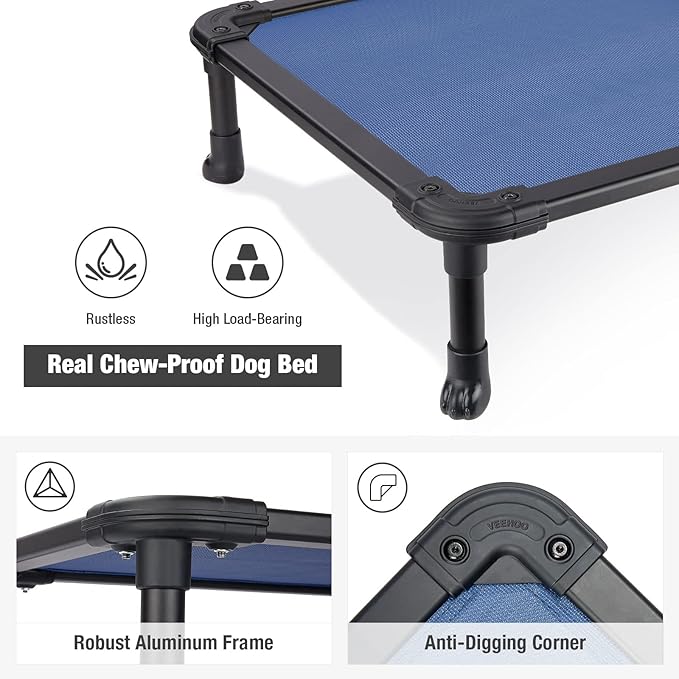 Veehoo Chew Proof Elevated Dog Bed - Cooling Raised Pet Cot - Rustless Aluminum Frame and Durable Textilene Mesh, Unique Designed No-Slip Feet for Indoor or Outdoor Use, Blue, Large, CWC2002