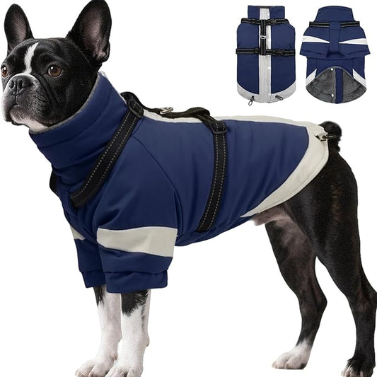 Dog Winter Coat with Adjustable Reflective Harness Built in -M | Turtleneck Water-Repellent Coats with Sleeves for Small Dogs Boy,Cold Weather Clothes,Warm Jacket for Schnauzer (Navy-Blue)