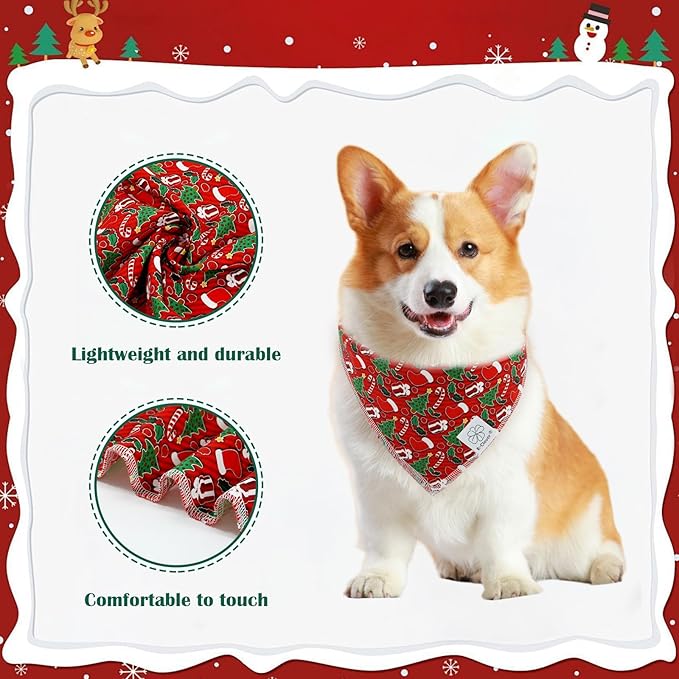 E-Clover Christmas Dog Bandanas & Matching Scrunchie Set Green Red Dog Scarf Bibs Pet Bandana with Bow Tie for Small Dogs Puppy Owner Mom Winter