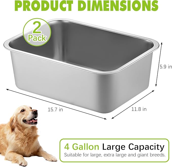 Fhiny 2 PCS Stainless Steel Dog Bowl, 4 Gallon Capacity, Durable Metal Water Dish for Large & Giant Dogs, Indoor & Outdoor Use, Dishwasher Safe