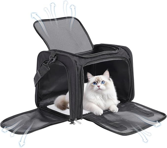 Cat Carrier Soft, Collapsible Cat Bag Carrier, TSA Airline Approved Pet Carrier for Cats with Removable Mat, Breathable Pet Travel Carrier for Small Medium Adult Pussy & Small Dogs (Black)