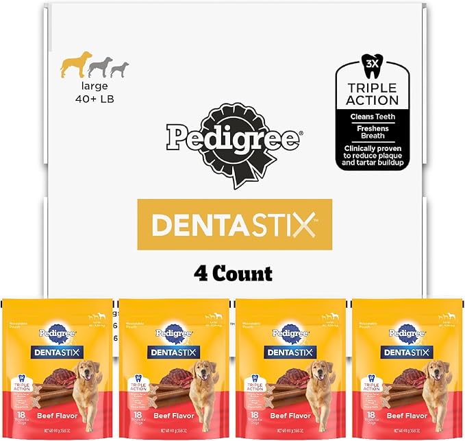 Pedigree Dentastix Large Breed Dog Treats, Beef Flavor, (4) 18ct Bags (72 Treats Total)