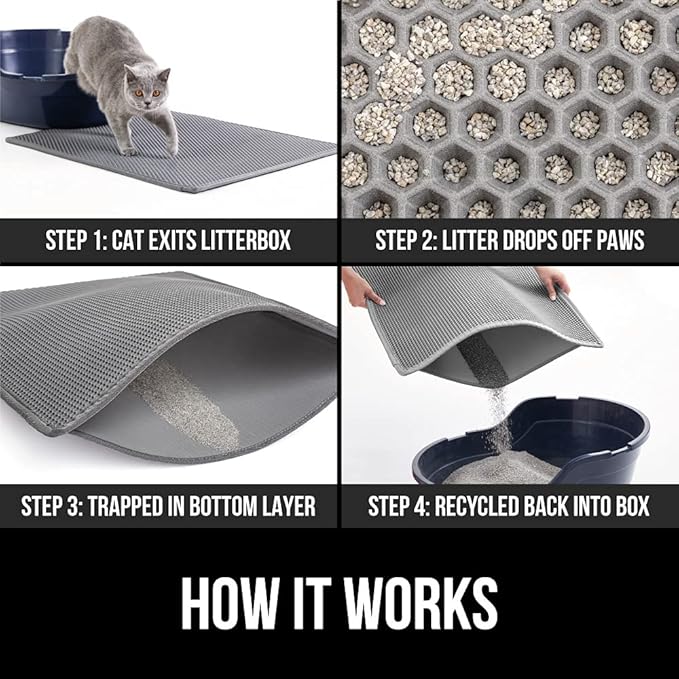 GORILLA GRIP Honeycomb Cat Litter Box Mat, Two Layer Trapping Waste Mats, Soft On Paws, Litter Box Supplies and Essentials for Indoor Cats, Traps Excess, Water Resistant for Floors, 30x24 Gray