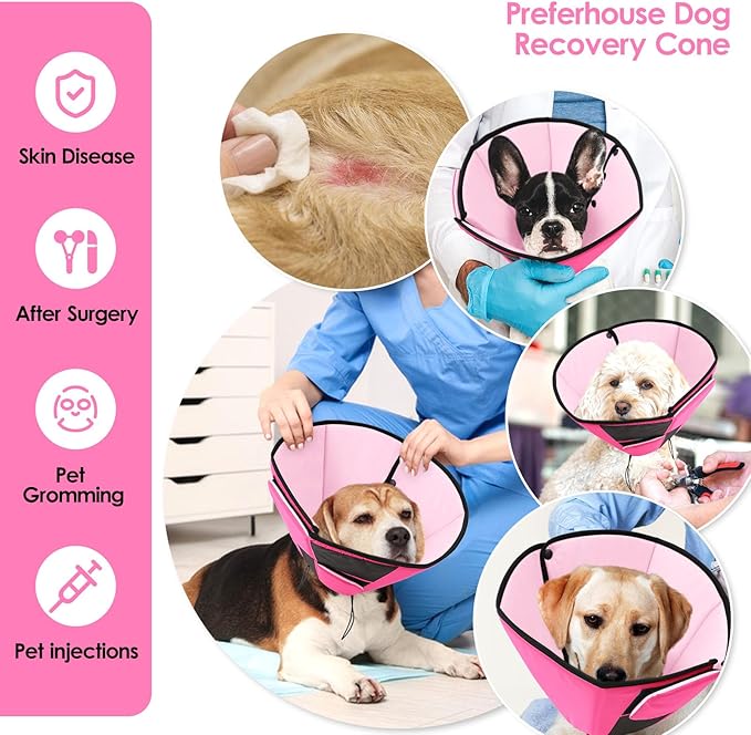 Large Dog Soft Cone Recovery Collar, Comfortable Dog Head Cone Collar for Large Dogs, Pet Surgery Cone Soft Neck Protector, Pink L