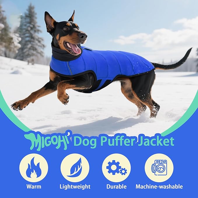MIGOHI Lightweight Dog Puffer Jacket - Dog Winter Coat with Reflective Strips, Padded Vest with Harness Hole, Warm Snow Jacket Cold Weather, Easy On Hook & Loop Belly for Large Dogs, Blue, 3XL