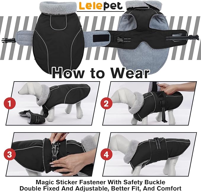 Lelepet Warm Dog Coat Reflective Dog Fleece Vest Waterproof Jacket Windproof Winter Cold Weather Coats with Adjustable Buckle Jackets for Dogs, Black, M