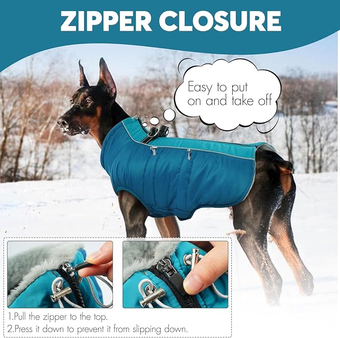 IDOMIK Warm Dog Coat with Harness, Waterproof Reflective Dog Jackets for Small Medium Large Dogs, Fleece High Collar Winter Jacket with Zipper, Pet Winter Snowsuit Clothes for Cold Weather,Blue S
