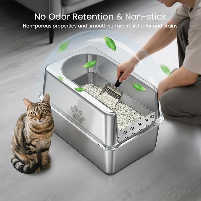 Enclosed Stainless Steel Cat Litter Box with Lid, XL Leak-Proof Metal Litter Box for Big Cats, Extra Large Cat Toilet with High Side, Press-Fit Design, Non-Stick, Odor-Free, with Litter Mat & Scoop