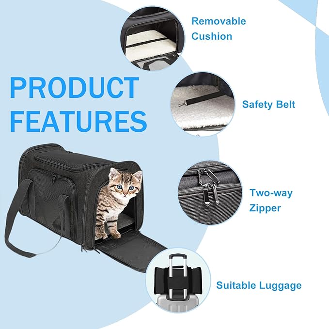 GANIT Airline Approved Pet Carrier for Cat, Soft Sided Dog Carrier for Small Dog, TSA Airline Approved，Up to 15 Lbs,Black