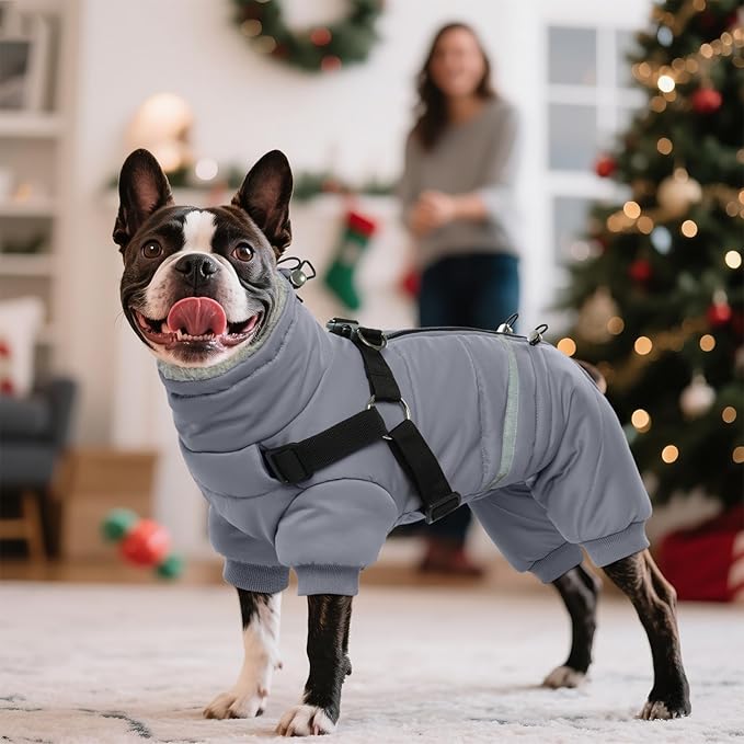 BRKURLEG Grey Dog Winter Coat, Cozy Winter Dog Jackets, Small Dogs Coat with Harness, Onesie Body Warm Puppy Jacket, Pet Reflective Windproof Cold Weather Jackets, Puppy Four-Legged Puffer Coats, S