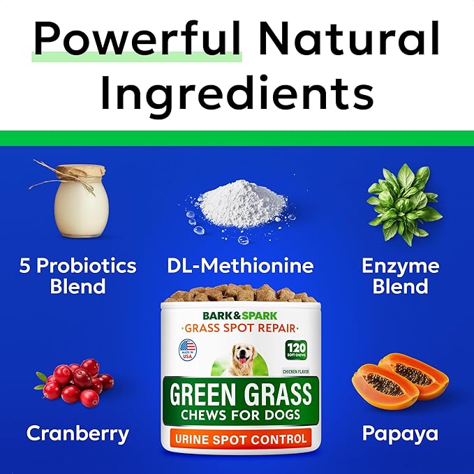 BARK&SPARK Green Grass Chews - Dog Pee Grass Spot Saver Caused by Dog Urine - Urine Neutralizer for Lawn, Gut Health Probiotics & Enzymes, Lawn Burn from Pee, Grass Burn Spot Chews Rocks