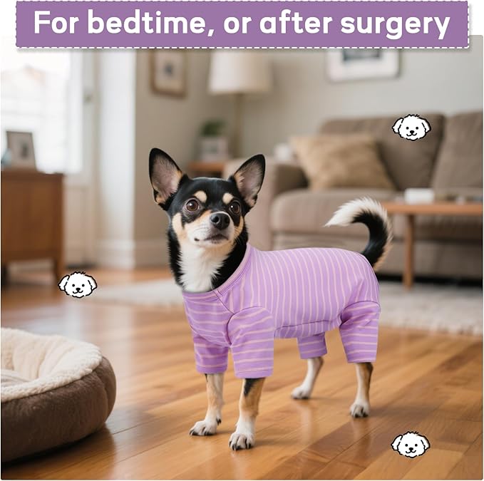 Striped Dog Pajamas - Jammies for Small to Large Dogs, Fleece Shedding Suit, Stretchy & Machine-Washable Pjs, Belly Cut for Males, Great for Surgery & Cold Weather, Purple XS