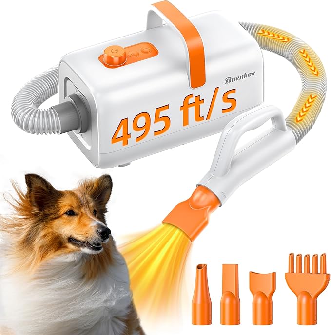 Dog Blow Dryer for Pet Grooming - Maximum 495ft/s High Velocity Pet Blow Dryer with Cool-Warm-Hot Cycle Mode, Adjustable Temp & Speed, Dog Dryer with 4 Nozzles and Up to 6.56ft Flexible Hose