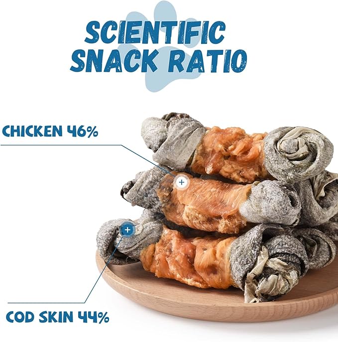 Dog Treats Chicken Wrapped Cod Skin Knotted Bones-6.5", All-Natural Healthy Fish Skin Dog Chew Treats, Rich in Omega-3 Protein, 4 Counts, 10.6oz