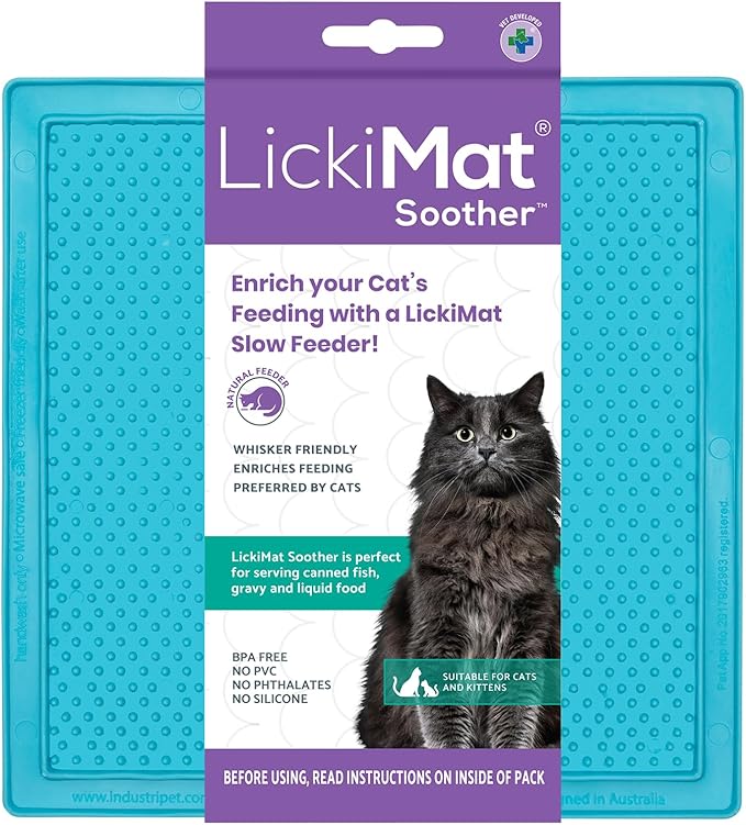 LickiMat Classic Soother, Cat Slow Feeder Lick Mat, Boredom Anxiety Reducer; Perfect for Food, Treats, Yogurt, or Peanut Butter. Fun Alternative to a Slow Feed Cat Bowl or Dish, Turquoise