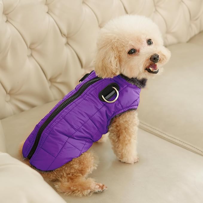 Warm Fleece Dog Coats with Durable Harness Buitl in D-Ring,Waterproof Doggie Jacket for Large Dogs,Dog Vest for Cold Winter,Purple XXXL