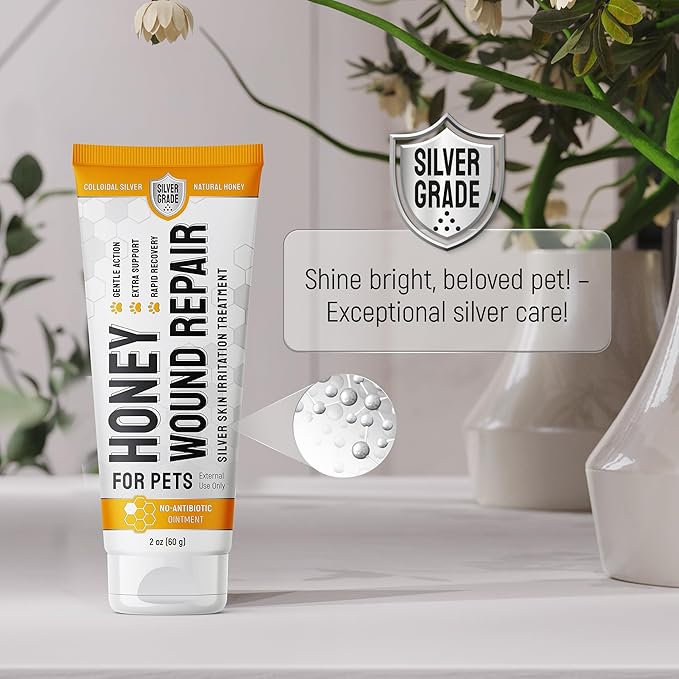 Honey Silver Wound Care for Pet no Antibiotic Wound Ointment for Dogs - Hot Spot Treatment for Dogs & Horses – Cat & Dog Wound Care for Cuts, Rashes, Irritation Honey Wound Repair Gel with Silver 2 Oz