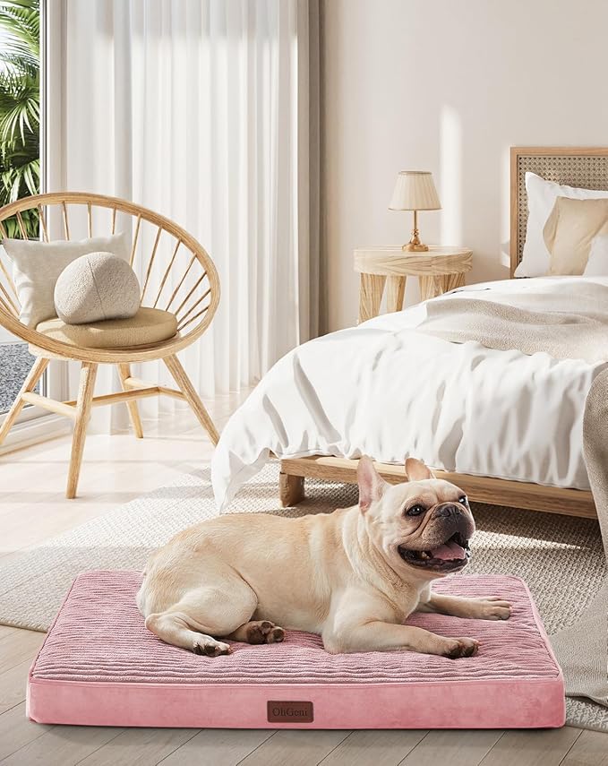 OhGeni Orthopedic Waterproof & Machine Washable Dog Bed for Small Medium Pets, Suitable for Crates, Cat Mat with 25D Egg Crate Foam, Removable Cover, 30 Inches(Pink)