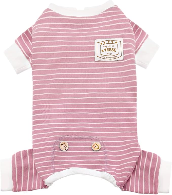 KYEESE Dog Pajamas Stretchable 4 Legs Doggie Jammies Striped Jumpsuit Lightweight Onesie Puppy Pajamas Cozy Outfit Comfortable Dog Clothes Hair Shedding Cover Pet Sleepwear,Pink Striped, Medium