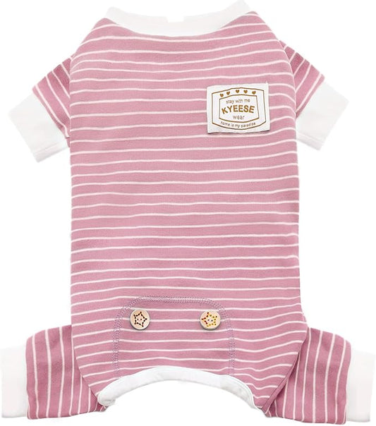KYEESE Dog Pajamas Stretchable 4 Legs Doggie Jammies Striped Jumpsuit Lightweight Onesie Puppy Pajamas Cozy Outfit Comfortable Dog Clothes Hair Shedding Cover Pet Sleepwear,Pink Striped, Medium