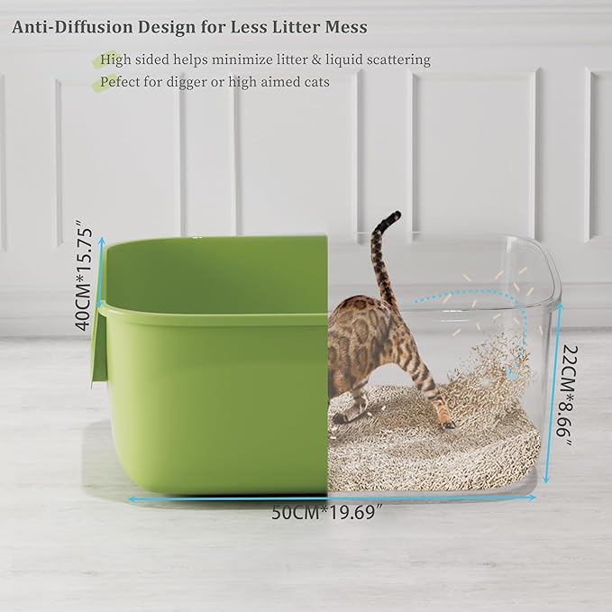 Vealind Large Cat Litter Box High Sided and Side Entry Cat Litter Pan 50 x 40 x 22 CM, Anti-Splashing Deep Tall Cat Boxes for Indoor Cats Basics Kitty Litter Box (Green)