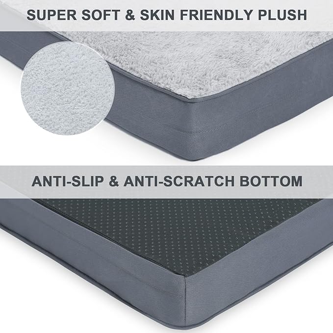 MIHIKK Waterproof Dog Bed Medium Size Dog Orthopedic Pet Beds for Crate with Removable Washable Cover Egg-Crate Foam Pet Pad Mat with Anti-Slip Bottom, 35x22 Inch, Light Grey